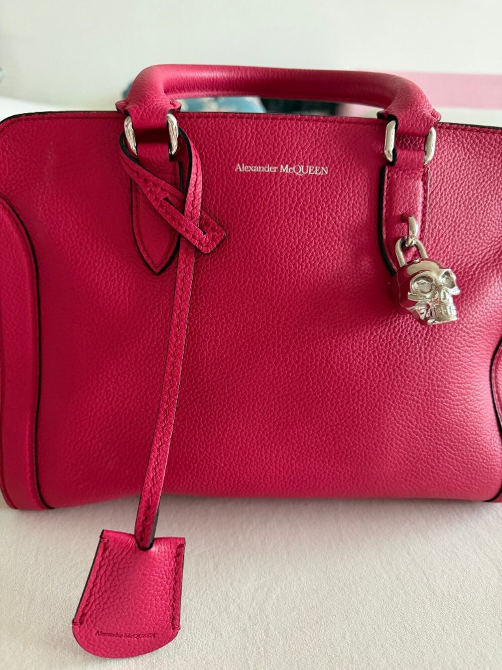 Alexander McQueen Fuchsia Red Leather Satchel with Charm